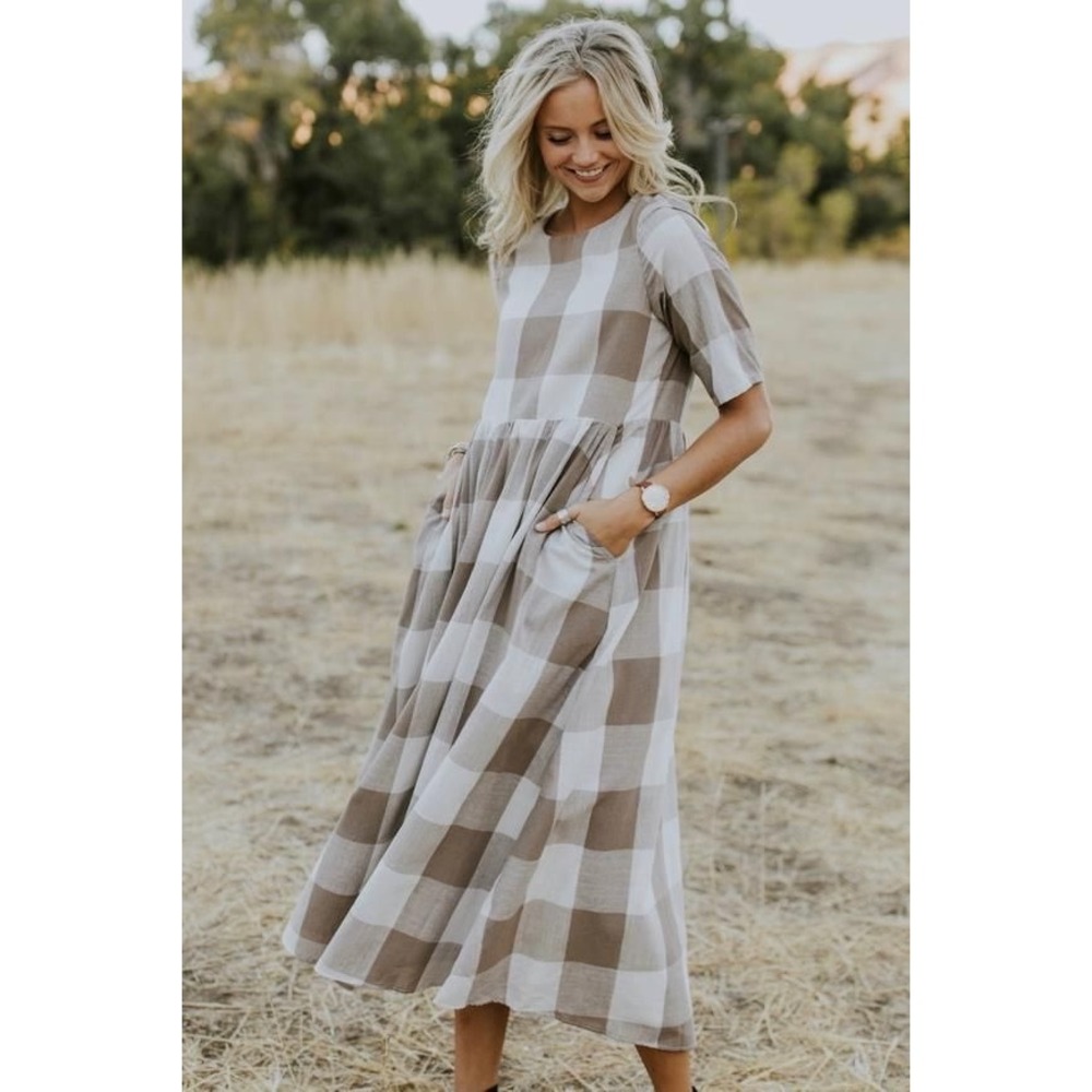 Roolee Maddie Buffalo Plaid Midi Dress Brown White Gingham Medium Cottagecore